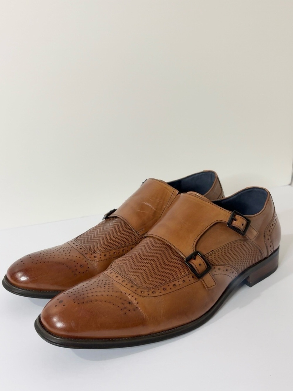 Stacy Adams Memory Foam Tan Double Monk Strap Brogue Dress Shoes Size 12M